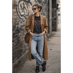 Vintage Genuine Leather Trench Duster Coat Tan Brown Size M Korea